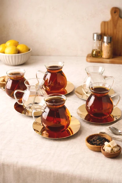 Kitchen Life 18 Parça Metal Altlıklı Cam Kaşıklı Keyf-i Ala Çay Bardağı Seti 200 ml Şeffaf ürün görseli 1