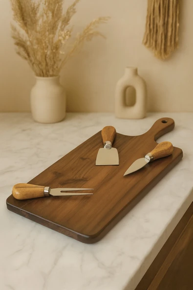 Kitchen Life Akasya Ahşap Sunum Tahtası Bıçak Seti – 3’lü Paslanmaz Çelik Bıçaklı Servis Tahtası Kahverengi ürün görseli 1