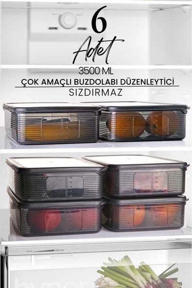 Kitchen Life 6 Adet 3,5 Litre Buzdolabı İçi Düzenleyici Dikdörtgen Erzak Saklama Kabı Seti - Organizeri 3500ml ürün görseli 1
