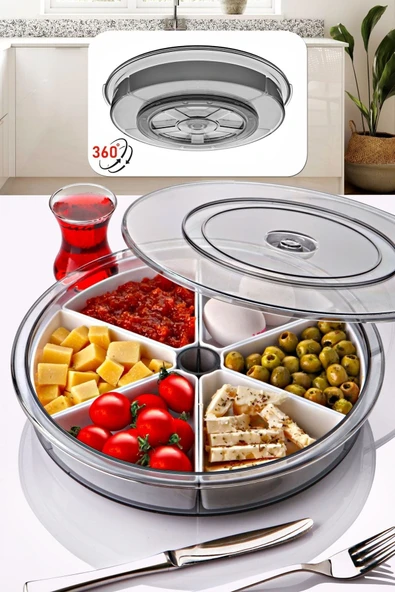 Kitchen Life Büyük Boy 6 Bölmeli 360 Derece Dönen Kahvaltı Takımı -ayrılabilir Kaseli Yuvarlak Kahvaltılık Antrasit Beyaz ürün görseli 1