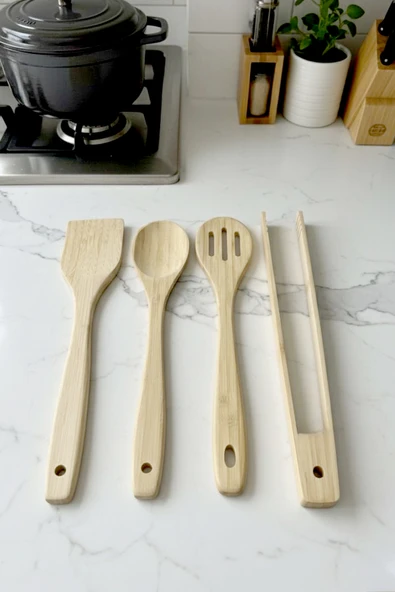 Kitchen Life 4 Parça Bambu Servis Takımı - Kevgir Servis Kaşık Spatula Maşa Seti Kahverengi ürün görseli 1