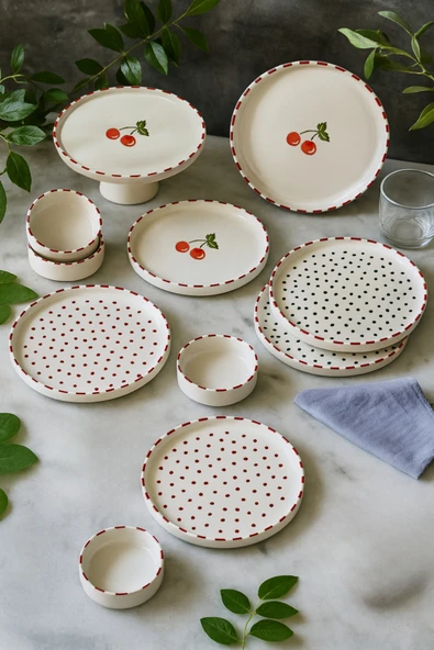 Kitchen Life 11 Parça 6 Kişilik Cherry Stackable Kahvaltı Takımı - Kirazlı Kahvaltılık Sunum Tabağı Kırmızı Yeşil ürün görseli 1