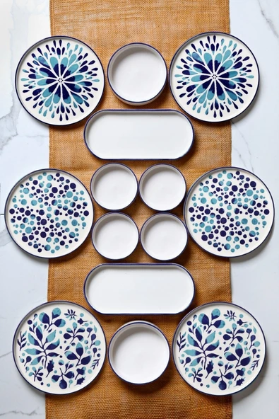 Kitchen Life 14 Parça 6 Kişilik Stackable Blue Etnik Kahvaltı Takımı - Lüx Kahvaltılık Sunum Seti Tabağı Mavi Lacivert Turkuaz Çiçekli ürün görseli 1