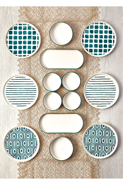 Kitchen Life 14 Parça 6 Kişilik Premium Neometric Stackable Kahvaltı Takımı - Şık Kahvaltılık Sunum Tabağı Yeşil ürün görseli 1