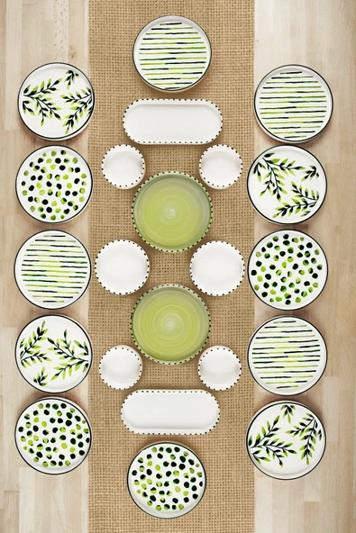 Kitchen Life 22 Parça 12 Kişilik Tree  Stackable Kahvaltı Takımı - Lüx Kahvaltılık Sunum Seti Tabağı yeşil ürün görseli 1