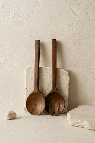 Kitchen Life 2 Parça Akasya Servis Kaşığı ve Servis Çatalı Mutfak Seti Kahverengi ürün görseli 1