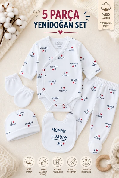 I Love Mommy Daddy Baskılı %100 Pamuk Bebek 5'li Set Hastane Çıkışı 3685 ürün görseli 1