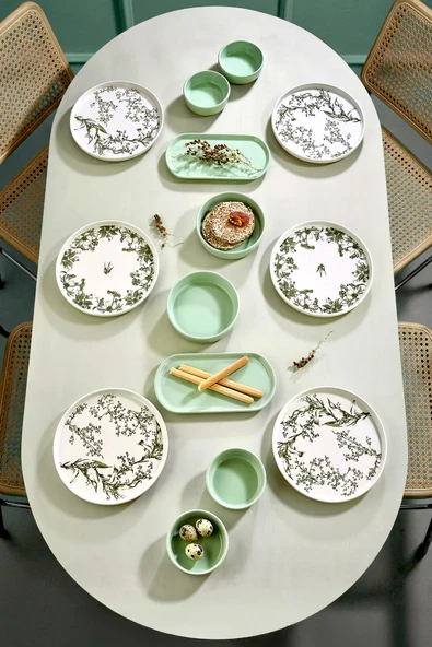Kitchen Life 14 Parça 6 Kişilik Ivy Kahvaltı Takımı-Lüx Kahvaltılık Sunum Seti Tabağı Kapalı Yeşil ürün görseli 1