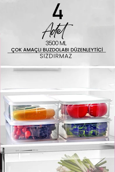 Kitchen Life 4 Adet 3500 ml 3,5 LT Süzgeçli Meyve Sebze ve Salata Saklama Kabı ürün görseli 1