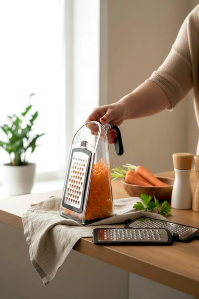 Kitchen Life 4 Parça Silikon Saplı Paslanmaz Çelik Rende -Kapaklı, Ölçülü Şeffaf Hazneli Sarımsak Rendesi 800 ml ürün görseli 1