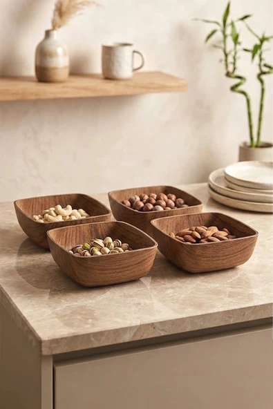 Kitchen Life 4'lü Mini Kare Akasya Görünümlü Çerezlik Sunum Kasesi-Dekoratif Kahvaltılık 10 cm Kahverengi ürün görseli 1