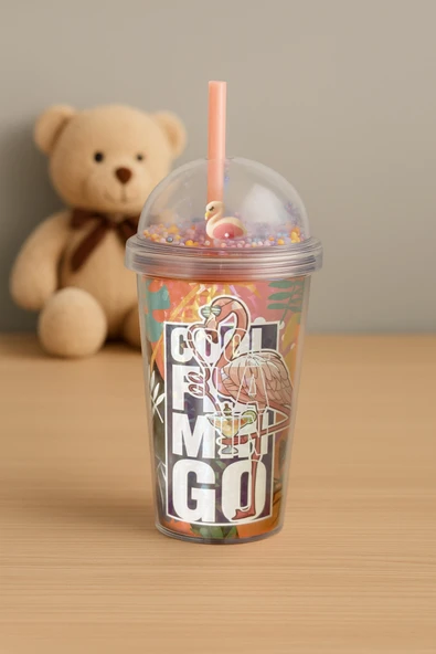 Kitchen Life El Yakmaz Çift Katmanlı Neon Flamingo Desenli Pipetli Bardak 600 Ml–Eğlenceli İçecek Bardağı Çok Renkli ürün görseli 1