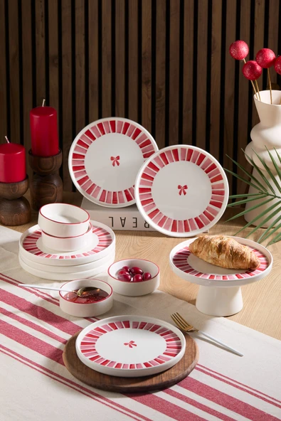 Kitchen Life Handmade 11 Parça Ribbon Ayaklı Sunum Standlı Kahvaltı Takımı - Kurdelalı Kahvaltı Takımı Pembe Beyaz ürün görseli 1