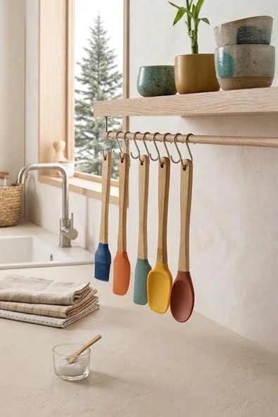 Kitchen Life 5'li Silikon ve Bambu Saplı Mutfak Gereçleri Seti-Spatula,Fırça Servis Maşa Seti Çok Renkli ürün görseli 1