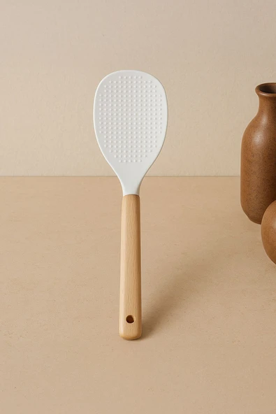 Kitchen Life Bambu Saplı Tırtıklı uçlu Silikon Servis Kaşığı Bej ürün görseli 1