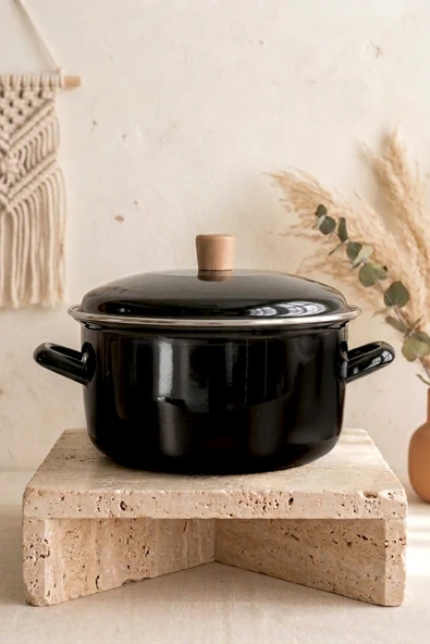 Kitchen Life Terra Cook Ahşap Kulplu,Paslanmaz Saplı Siyah Süzgeçli Emaye Kızartma Tenceresi 22 cm Siyah ürün görseli 1
