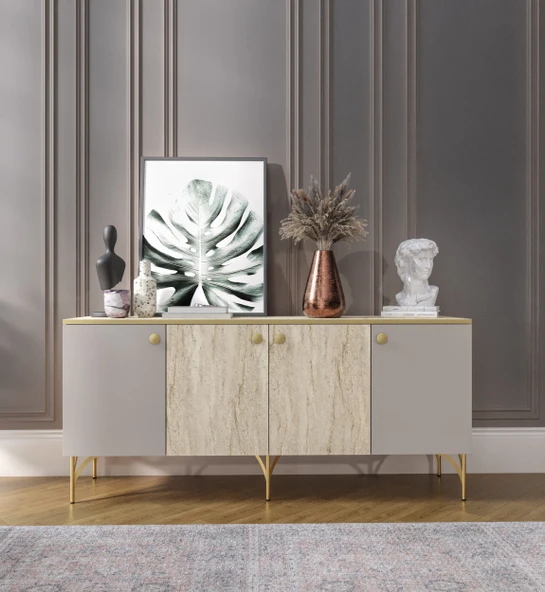 KZNMOB HOME Traverten Çok Amaçlı Modern Konsol, 4 Kapaklı 160cm Mermer Desenli Konsol - Tamamı MDF ürün görseli 1