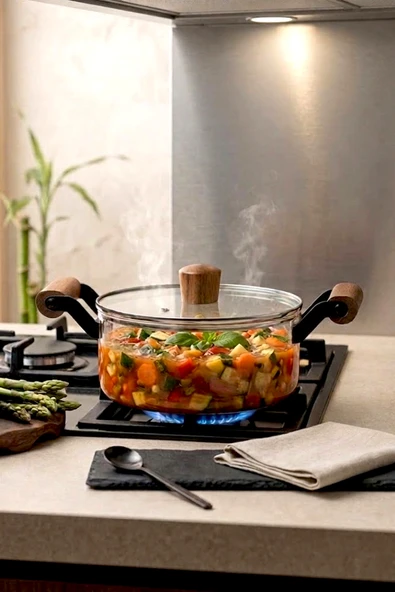 Kitchen Life Ahşap Kulplu,Kapaklı Şeffaf Borosilikat Cam Tencere-Pişirme Tenceresi 2,5 Litre Şeffaf ürün görseli 1