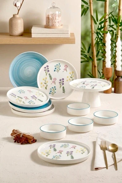 Kitchen Life 11 Parça 6 Kişilik Botanical Stackable Kahvaltı Takımı - Lüx Kahvaltılık Sunum Seti Tabağı Beyaz ürün görseli 1