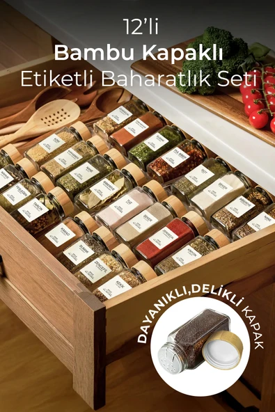 Kitchen Life 12’li Bambu Kapaklı Kare Cam Baharatlık Takımı / 40 Adet Etiket Hediyeli / 12 li Baharatlık Seti ürün görseli 1