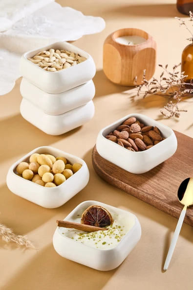 Kitchen Life Seramik 6'lı Kare Çerez Tabağı - Sunumluk Reçellik Sosluk Beyaz ürün görseli 1