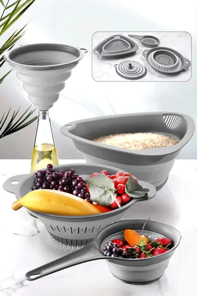 Kitchen Life 4'lü Akordiyon Katlanır Süzgeç Seti - Mutfak Çeyiz Seti (Akordeon Saplı Pirinç Süzgeci Huni Gri) ürün görseli 1