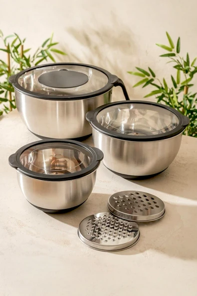 Kitchen Life 9 Parça Paslanmaz Çelik Çok Amaçlı Rendeli Karıştırma ve Saklama Kabı Seti Full Hazırlık Seti gri ürün görseli 1