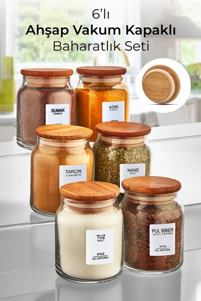 Kitchen Life 6'lı Bambu Kapaklı Etiketli Cam Baharatlık Takımı Kavanoz 290 ml ürün görseli 1