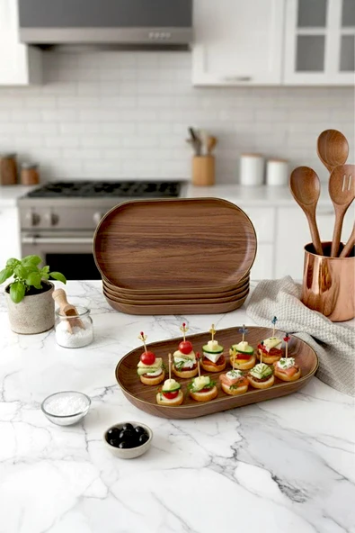 Kitchen Life Ahşap Görünümlü Oval Şık Sunum Kayık Tabağı-Kahvaltılık Ve Dekoratif Servis Tabağı 28 CM Kahverengi ürün görseli 1
