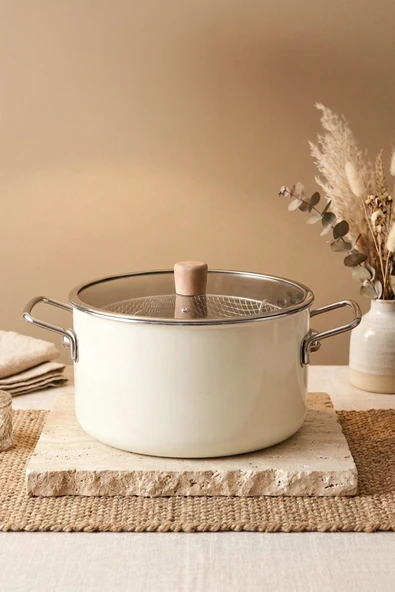 Kitchen Life Titan Cook Ahşap Kulplu,Paslanmaz Saplı Krem Süzgeçli Emaye Kızartma Tenceresi 22 cm Krem ürün görseli 1