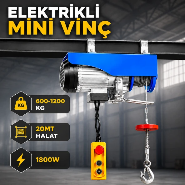 Elektrikli Vinç 600/1200 KG 20 Metre Halatlı Kumandalı Caraskal Yük Kaldırma Makinesi 1800 W ürün görseli 1