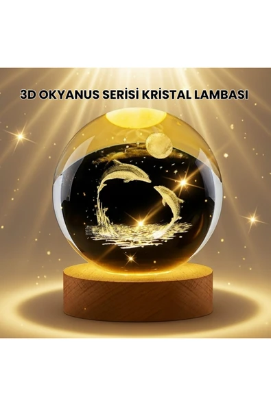 Lazer İşlemeli Yunus Kristal Küre Sıcak Işıklı Ahşap Standlı ürün görseli 1