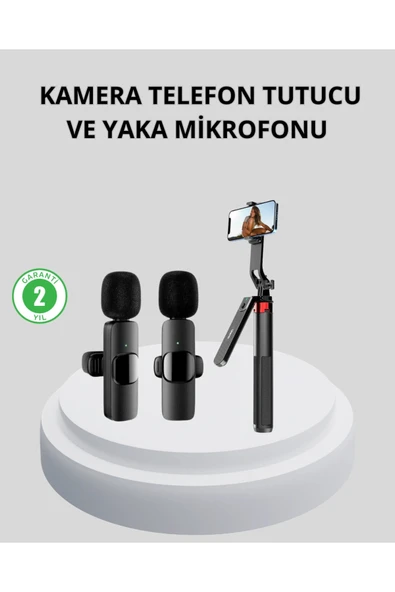 Kablosuz Çift Yaka Mikrofonu ve Tripodlu Selfie Çubuğu İçerik Üretici Seti ürün görseli 1