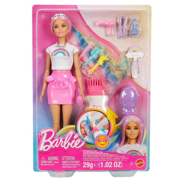 Barbie Gökkuşağı Saçlar Bebeği - Renkli Saçlı ve Aksesuar Zenginli Kuaför Seti ürün görseli 1