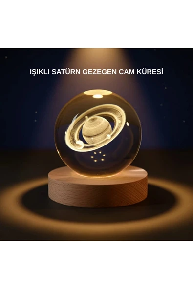 Satürn Desenli Kristal Küre LED Gece Lambası Ahşap Standlı ürün görseli 1
