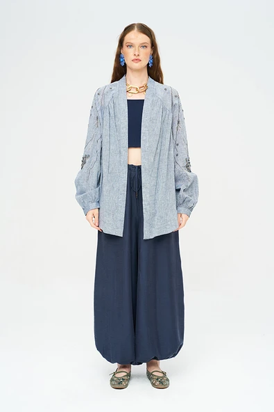 Kadın Yoğun Boncuk Işlemeli Oversize Kimono - Resim 9