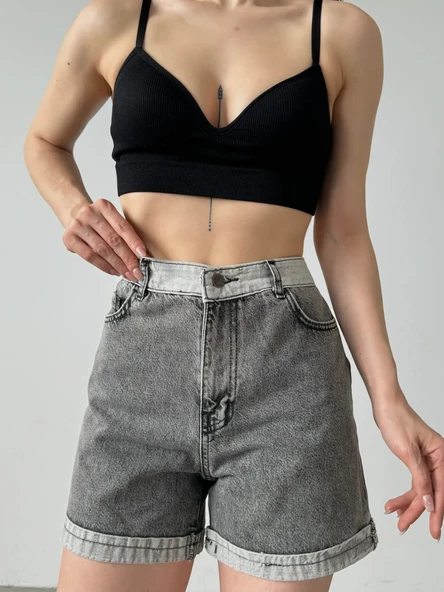 Duble Paça Yıkamalı Cepli Denim Şort - Resim 2
