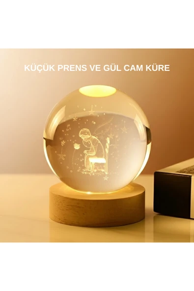 USB’li Küçük Prens Işıklı Cam Küre Ahşap Altlıklı Dekoratif Lamba ürün görseli 1