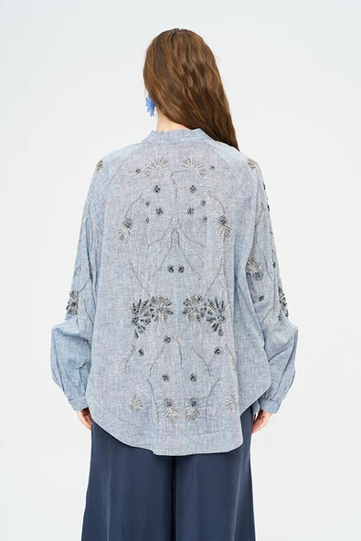 Kadın Yoğun Boncuk Işlemeli Oversize Kimono - Resim 6