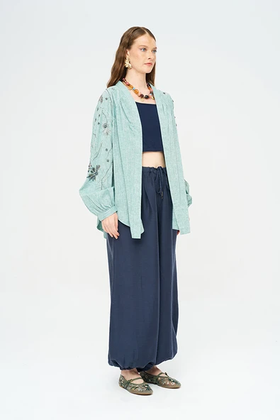Kadın Yoğun Boncuk Işlemeli Oversize Kimono - Resim 5