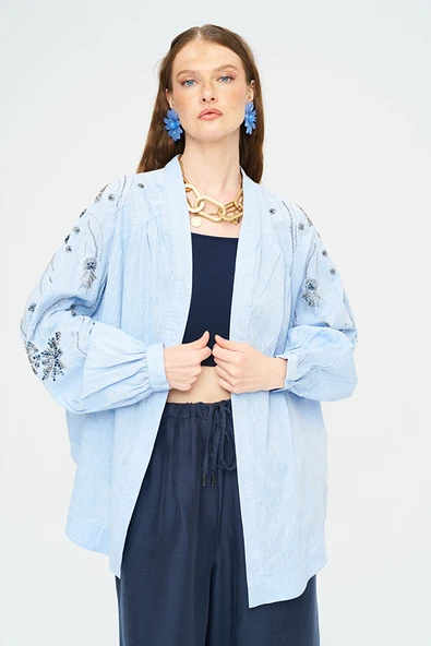 Kadın Yoğun Boncuk Işlemeli Oversize Kimono - Resim 12