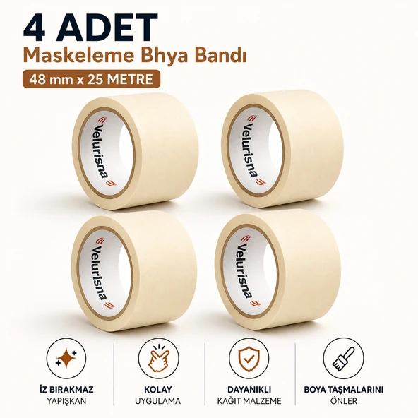 (4 ADET) Maskeleme Bandı 25 METRE 48 MM Koruma Kağıt Bant Boyacı Tamir Ahşap Cam Metal Oto Yüzey ürün görseli 1