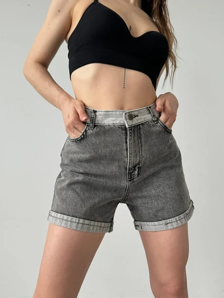 Duble Paça Yıkamalı Cepli Denim Şort - Resim 4