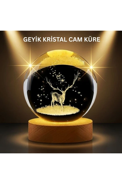 LED Işıklı Geyikli Kristal Küre Ahşap Standlı Modern Dekor Lamba ürün görseli 1