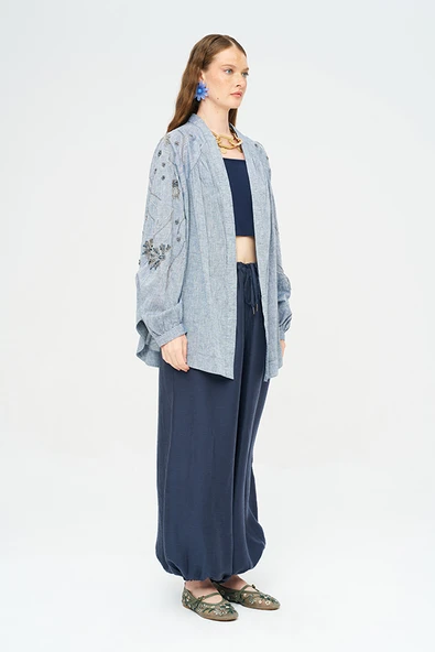 Kadın Yoğun Boncuk Işlemeli Oversize Kimono - Resim 10
