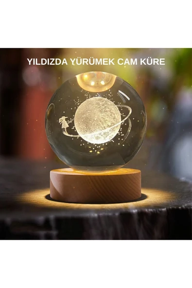 Sarı Işıklı Dekoratif Cam Küre Kız Figürlü Ahşap Standlı - korbx4752-6461 ürün görseli 1