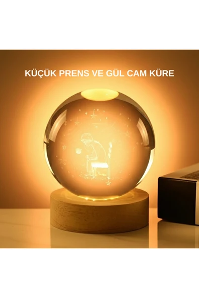 8 cm Küçük Prens Cam Küre USB Işıklı Ahşap Tabanlı Dekor ürün görseli 1
