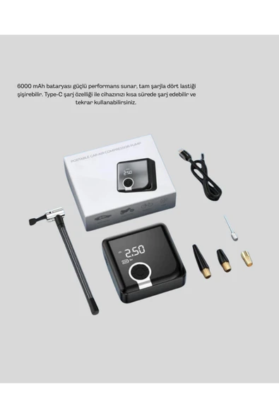 SVL-SHOP 6000mAh Bataryalı Type-C Şarjlı Mini Ha Kompresörü (233911) LED Işıklı - Resim 3