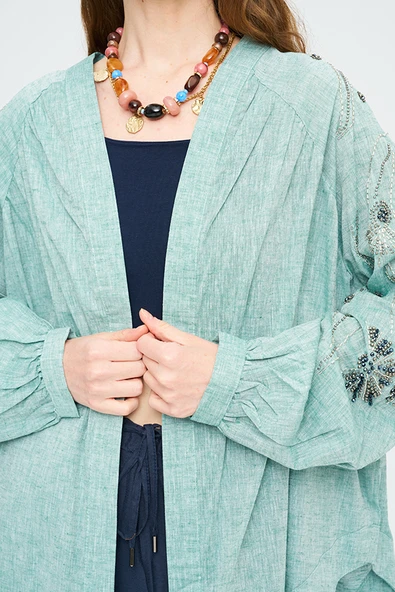 Kadın Yoğun Boncuk Işlemeli Oversize Kimono - Resim 3