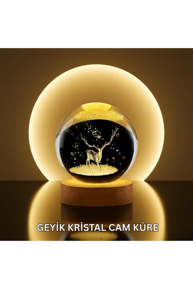 Doğal Ahşap Standlı Geyik Figürlü Kristal Küre LED Dekoratif Lamba ürün görseli 1